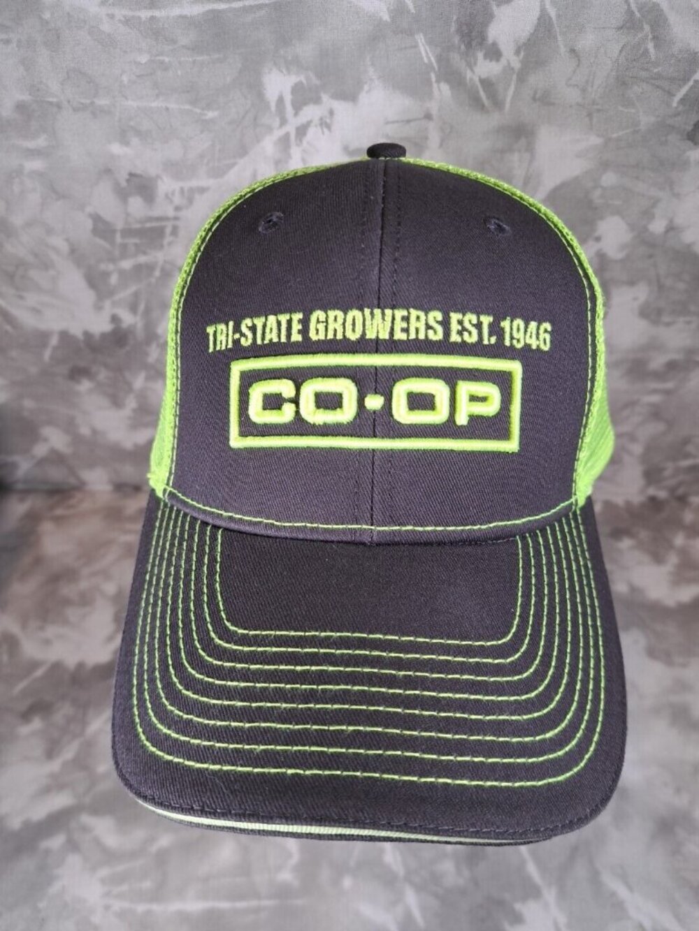 Tri-State Growers Est. 1946 CO-OP ball Cap Hat Neon Green And‎ Black Strapback